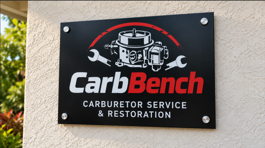 CarbBench Carburetor Service and Restoration sign mounted on an exterior wall