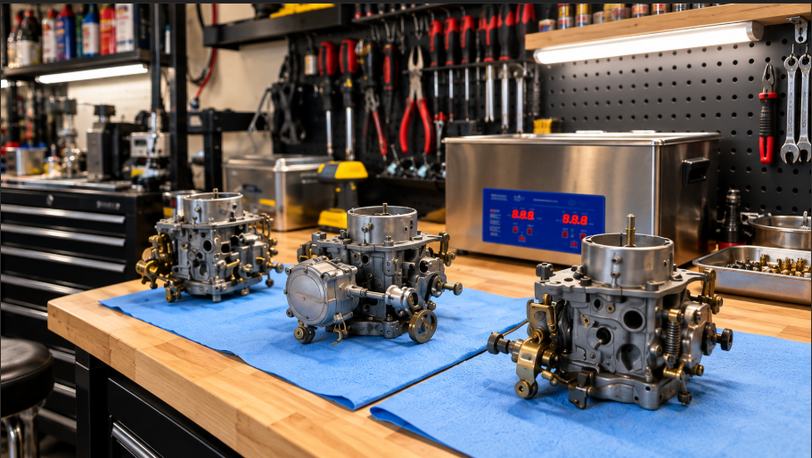 Three carburetors arranged on a blue mat at a workshop bench, with tools on the wall behind them